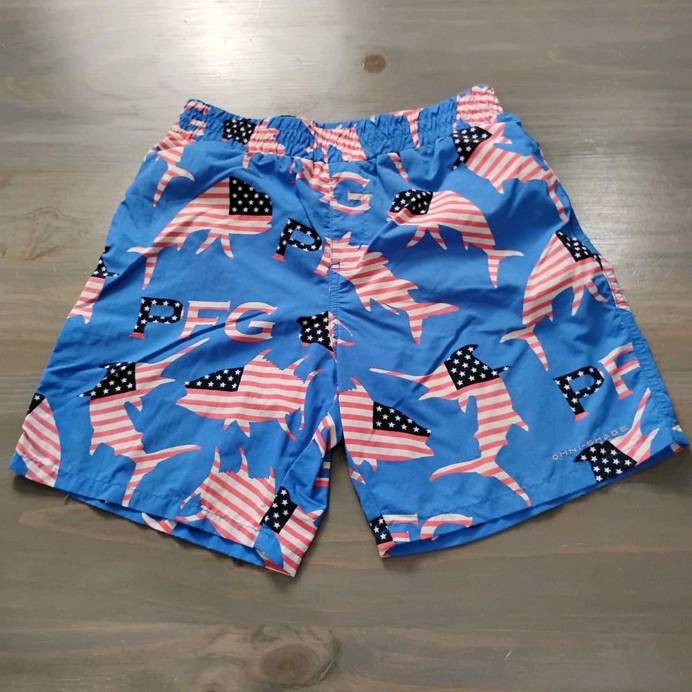 Columbia PFG Swim Trunks Boys Youth M 10/12  Blue Flag Fish Shorts UPF 50